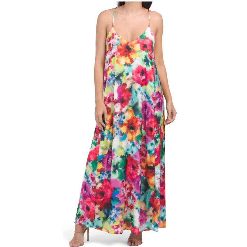 Nicole Miller New York Women Multicolor Watercolor Floral Maxi Dress V-Neck